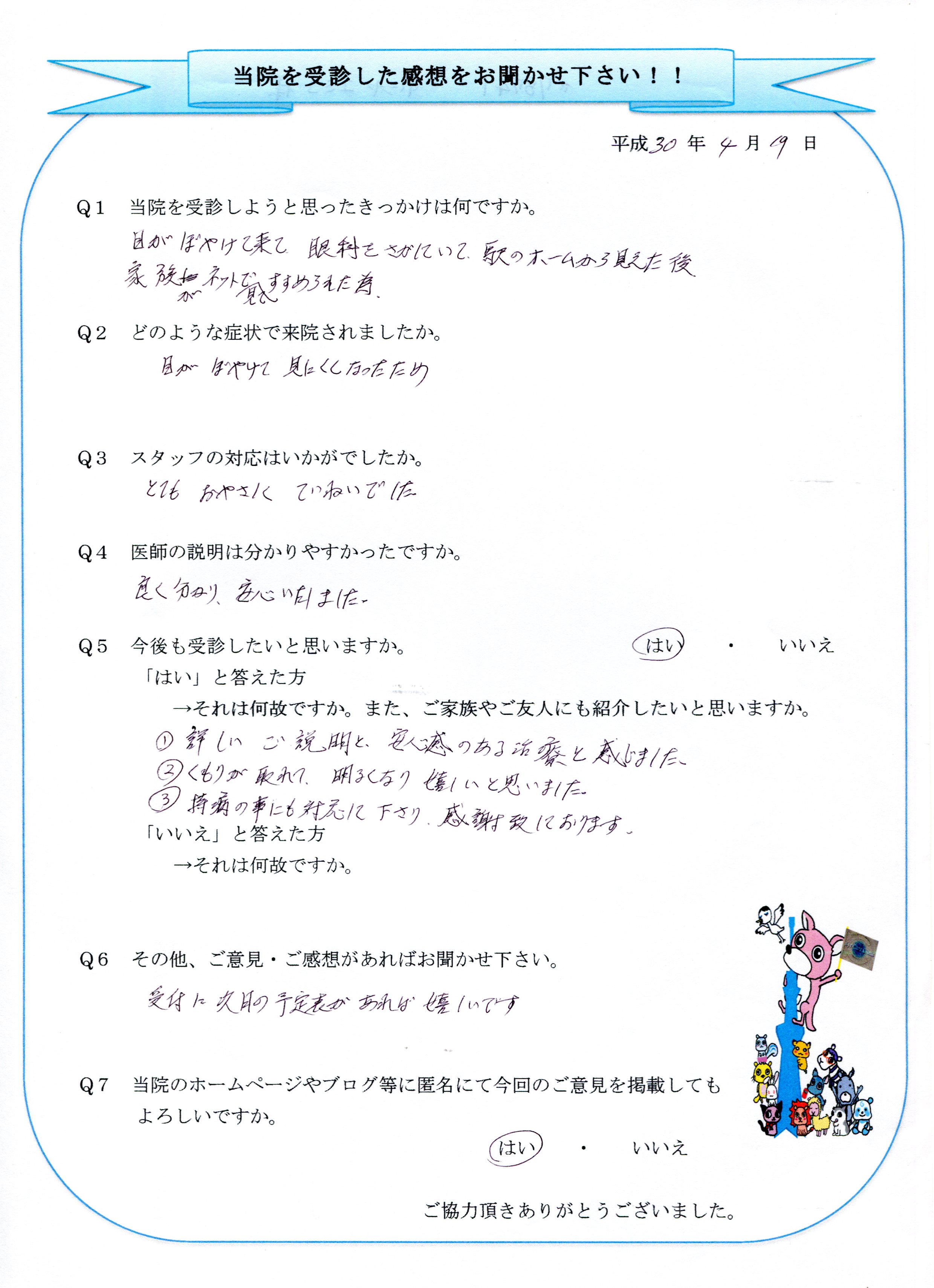 詳しい説明と安心のある治療 くもりが取れて明るくなり嬉しい 錦糸町駅直結の眼科かじわらアイケアクリニック